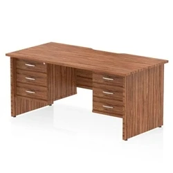 Image of Impulse 1600 x 800mm Scalloped Edge Straight Office Desk Walnut Top Panel End Leg Workstation 2 3 Drawer Fixed Pedestal