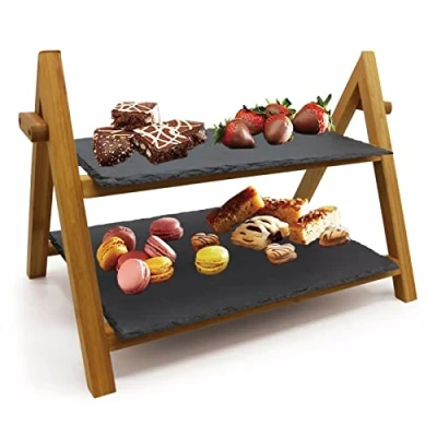 Image of VanGogh 2 Tier Slate Cake Stand Wedding Tiered Serving Display Food Antipasti Tapas Sushi Appetizer Cheese Boards Platter Bamboo (1pc)