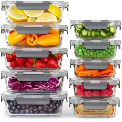 Image of GOOD FOR YOU glass Container food storage [10 Pack] Meal Prep containers with Lids Leak Proof (10 &amp; 10 Lunch Containers) BPA Free