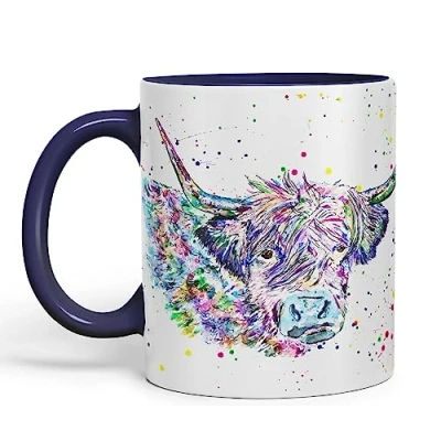 Image of Vixar Highland Cow Scottish Farm Animals Watercolour Art Coloured Mug Cup Gift Birthday Work Office Tea Coffee (Navy)