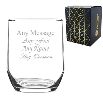 Image of Personalised Engraved Sude Whisky Glass Stemless Gin Tumbler, Gift Boxed, Personalise with Any Message for Occasion