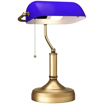 Image of HOMCOM Banker&#039;s Table Lamp Desk with Antique Bronze Tone Base, Blue Glass Shade and Pull Rope Switch for Home Office, Living Room, Bedroom, Dining