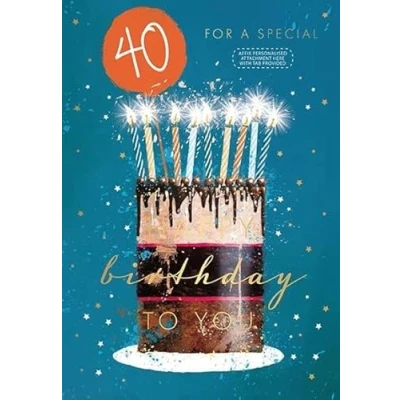Image of Words &#039;n&#039; Wishes Male Age 40 Milestone Birthday Card Special 40th Cake and Candles with Foil Finish Recipient Stickers for Husband, Son, Dad, Brother or Son in Law Eco Friendly