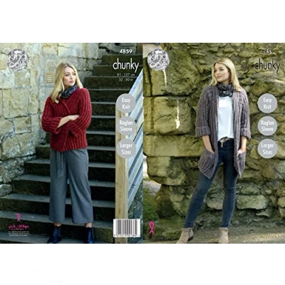 Image of King Cole Ladies Chunky Knitting Pattern Womens Easy Knit Raglan Sleeve Short or Long Jacket (4859)