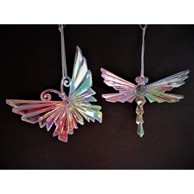 Image of Gisela Graham Set OF 2 Glass Effect Butterfly and Dragonfly Stunning Occasion Christmas Tree Decorations