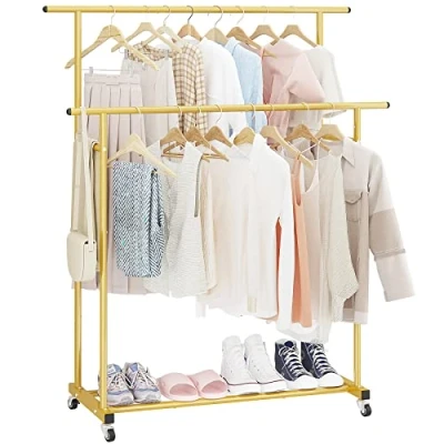 Image of Calmootey Double Rod Clothing Garment Rack,Rolling Hanging Clothes Rack,Portable Organizer for Bedroom,Living Room,Clothing Store,Gold