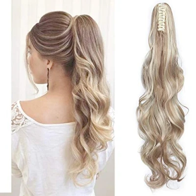 Image of SEGO 24&quot; Inch Ponytail Hair Extension Clip In With Jaw/Claw Sandy Blonde &amp; Bleach Synthetic Hairpieces Curly