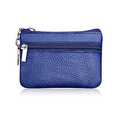 Image of Hibate Mini Coin Purse Holder Wallet Leather Purses for Women Men Kids Zipper Pouch with Key Ring Blue