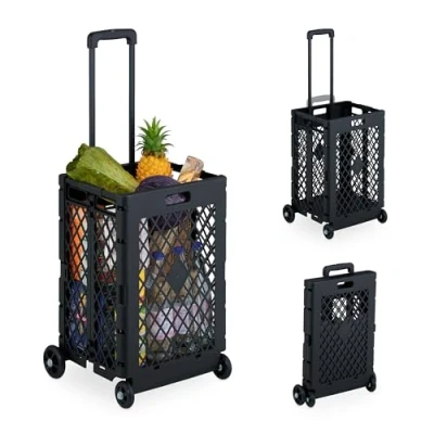 Image of Relaxdays Foldable Shopping Trolley, Collapsible Basket on Wheels, 25 kg Capacity, Telescopic Handle, Mesh, Black, Iron, 99 x 43.5 38 cm