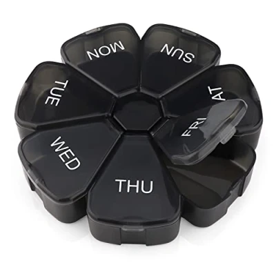 Image of Premium Round Black Pill Box Organiser BPA Free Travel Tablet Boxes Easy to Open Large Compartments, Unique Spring Assisted Design for Tablets, Vitamins, Medication and Cod Liver Oil