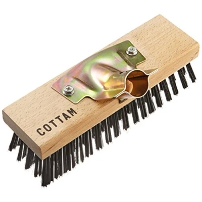 Image of COTTAM Heavy Duty Steel Wire Broom Head 9&quot; with Wooden Back &amp; Zinc Plated Socket. Hard Sweeping Deck Scrub for Decking, Paving, Patio, Paths, Drives etc, Wood **Requires 1 1/8&quot; Diameter handle**