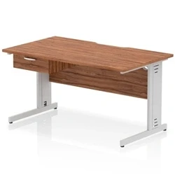 Image of Impulse 1400 x 800mm Scalloped Edge Office Desk Walnut Top Silver Cable Managed Leg Workstation 1 Drawer Fixed Pedestal