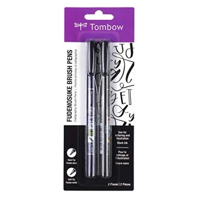 Image of Tombow 62038 Fudenosuke brush pen with soft and hard tip, black, 2 pieces