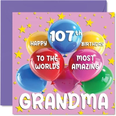 Image of 107th Grandma Birthday Card World&#039;s Most Amazing Happy for from Granddaughter Grandson, 145mm x Age 107 One Hundred &amp; Seven Greeting Cards Granny