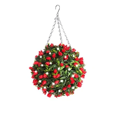 Image of Best Artificial 28cm Pre Lit Tulip Topiary Ball with 30 Bright White LED Waterproof Battery Lights (Red)