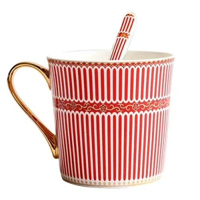Image of YBK Tech Bone China Porcelain Tea Cup Coffee Mug for Home Kitchen Office Stripe Patterns (Red)