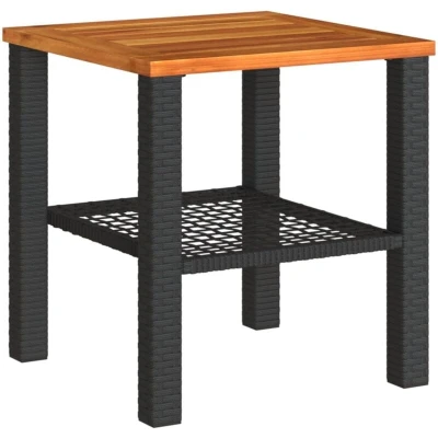 Image of vidaXL Garden Table in Black Poly Rattan with Acacia Wood Top UV Resistant Outdoor Furniture, 40x40x42 cm, for Patio/Deck