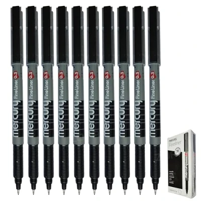 Image of MERCURY Vazlat Fineliner Pens, BLACK, Extra Fine Point (0.3mm), Pack of 10, Textured Grip, Precision Lines, Ideal for Write Draw Sketch Colour Draft Mark