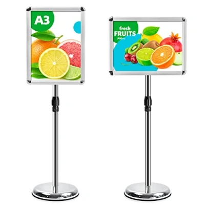 Image of VAIIGO A3 Sign Stand Adjustable Poster Aluminum Snap Frame Menu Replaceable Advertising Rack Floor Display Stands with Safety Corner and Stable Round Base (Silver, A3)