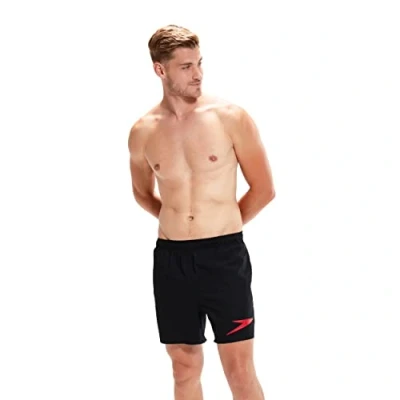 Image of Speedo Men&#039;s 16&quot; Watershort Swimming Trunks Quick Dry Comfortable Fit Classic Style Drawstring Waist, Black/Fed Red, XS