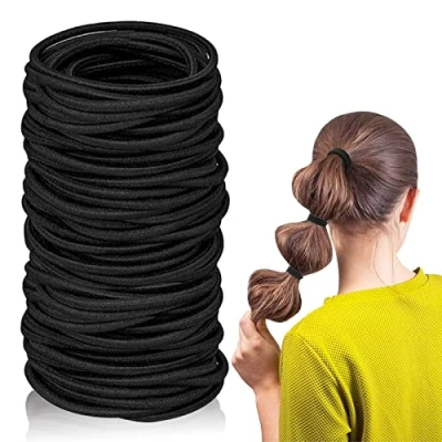 Image of 100 Elastic Hair Bands Ties Ponytail Holders Bulk (Black) for Women Girls Kids Men Thick Black No Metal