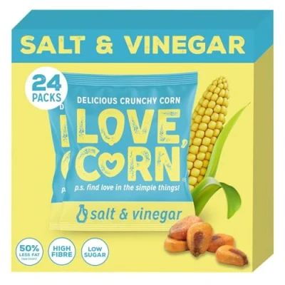 Image of LOVE Corn Salt &amp; Vinegar Crunchy Snack 20g x 24 Bags Healthy Snacks Ideal for Gluten Free Vegan Diets Low Sugar Alternative Crisps, Mixed Nuts Pretzels Perfect To Graze On