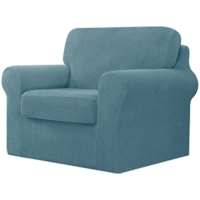 Image of CHUN YI 3 Piece Stretch Sofa Cover, 1 Seater Slipcover with One Separate Cushion and Backrest, Jacquard Spandex Fabric(1 Seater,Smoky Blue)