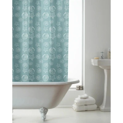 Image of Teal Seashells Pattern Shower Curtain With Hooks 180x180cm