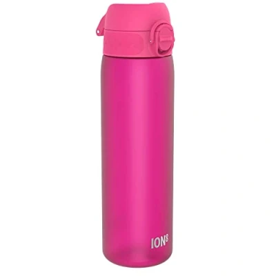 Image of Ion8 Water Bottle, 500 ml/18 oz, Leak Proof, Easy to Open, Secure Lock, Dishwasher Safe, BPA Free, Hygienic Flip Cover, Carry Handle, Fits Cup Holders, Clean, Carbon Neutral, Hot Pink