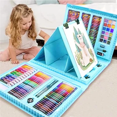 Image of XDISHYN 208 PCS Art Supplies, BRAND Drawing Kit for Kids Adults Set with Double Sided Trifold Easel, Oil Pastels, Crayons (Blue)