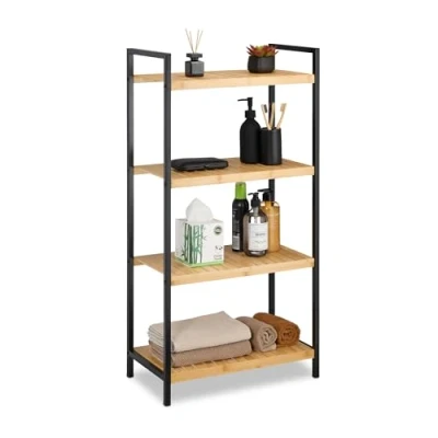 Image of Relaxdays Universal Bamboo Storage Shelf, Bathroom and Kitchen Rack, 4 Tiers, Metal Frame, HxWxD: 97 x 50.5 27 cm, Natural