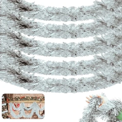 Image of HOVUK® 5PCs Silver Fine Cut Chunky Tinsel 2M Thick and Thin Shiny Garlands, Luxury Christmas Tree Decoration for Xmas Party Home