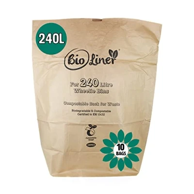 Image of 240 Litre x 10 Paper Compostable Wheelie Bin Liners Biodegradable Sacks/Liners Bioliner Eco Sack Bags with All Green Composting Guide