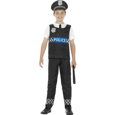Image of Smiffys Boys Police Officer Costume, Black &amp; White Cop Outfit with Top, Trousers Hat, Ideal for Cops and Robbers Fancy Dress Kids Role Play, Age 7 9