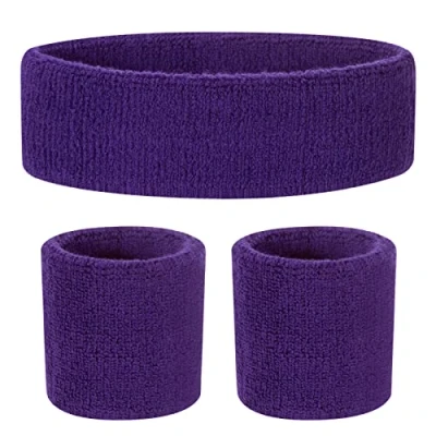 Image of ONUPGO Kids Sweatbands Headband Wristband Set Athletic Cotton Sweat Band for Sports (1 + 2 Wristbands) (Purple)