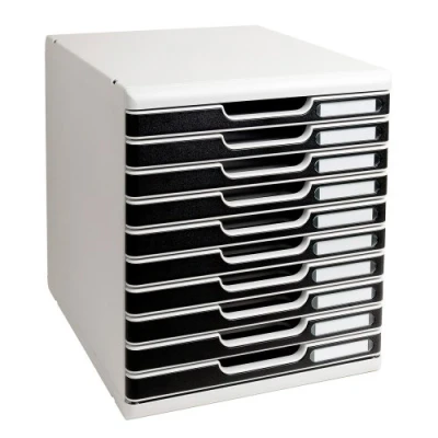 Image of Exacompta Ref 302014D Modulo A4 Office 350 x 288 320mm in Size, 10 Closed Drawers (26mm Height), Smooth Opening with Stop, Label Holders Light Grey/Black