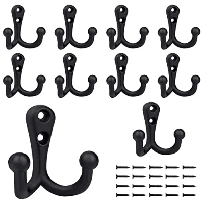 Image of BIGLUFU 10Pcs Coat Hooks Heavy Duty Double Prong Wall Mounted with 20 Screws Retro Robe Utility for Coat, Scarf, Bag, Towel, Key, Cap, Cup, Hat (Black) (10 Pack)