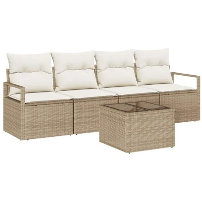 Image of vidaXL 5 Piece Garden Sofa Set with Cushions Beige Poly Rattan