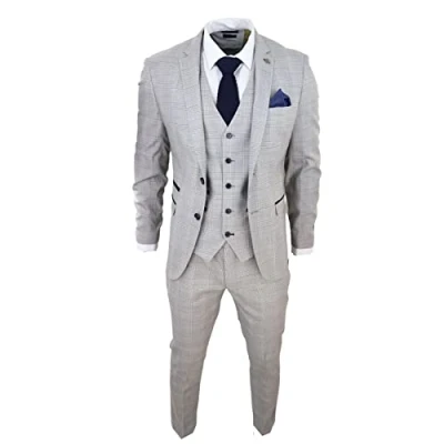 Image of Mens Light Grey 3 Piece Suit Navy Blue Check Velvet Trims Wedding Tailored Fit Classic 36