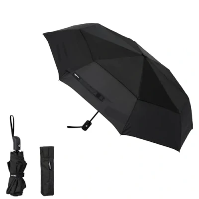 Image of Amazon Basics Round Automatic Travel Compact Umbrella Windproof Strong, with Wind Vent, Black, One Size