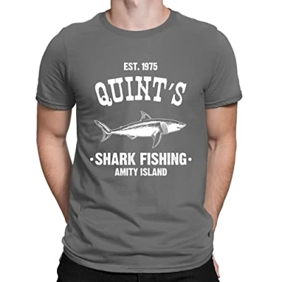 Image of Mens Quints Fishing Shark Jaws Inspired Amity Cult Movie T Shirt Charcoal Grey (XXL)