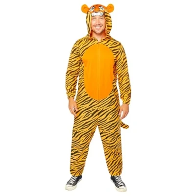 Image of Amscan 9908778 Adults Hooded Tiger Onesie World Book Day Fancy Dress Costume Size: Standard