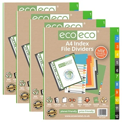 Image of eco A4 50% Recycled Multipunched Reinforced Colour Set 12 Wide Index File Dividers 200mic (Pack of 4), eco029x4