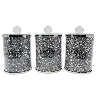 Image of ornament bling diamond gift crystallized 15cm large tea coffee sugar canisters jars storage silver trimmings crystal filled crushed display present, home decor
