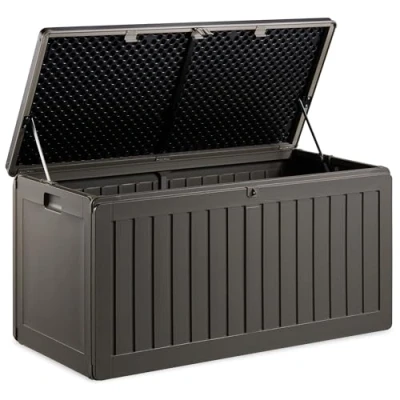 Image of VonHaus Garden Storage Box 270L Outdoor Utility Chest Organiser Weatherproof Plastic, Lockable Lid, Sliding Bar Hinge, Carry Handles, Portable For Garden, Patio, Balcony, Decking Grey, Black