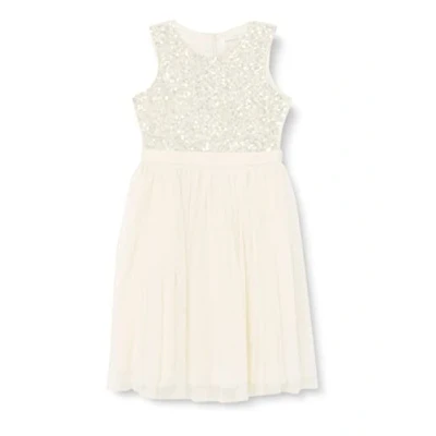 Image of Maya Deluxe Girl&#039;s Midi Dress Sequins Embellished Party Tutu Bridesmaids Wedding with Belt Bow, Ivory, 7 Years