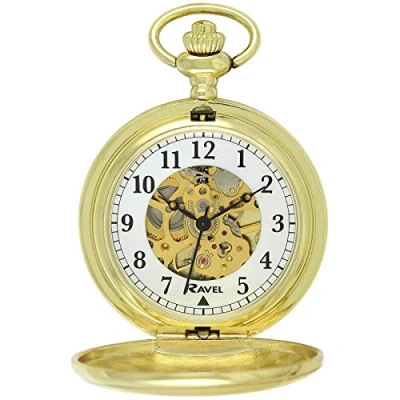 Image of Ravel Polished Mechanical Hand Wind Skeleton Pocket Watch Gold Tone