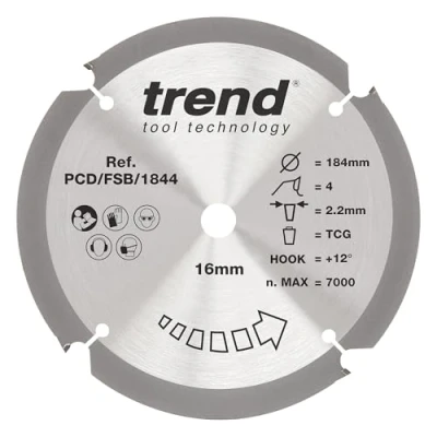 Image of Trend PCD Fibre Cement Circular Saw Blade, 184mm Diameter, 16mm Bore, 4 Teeth, 2.2mm Kerf, +12 Hook, PCD, Coarse Finish, PCD/FSB/1844