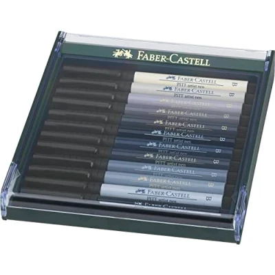 Image of Faber Castell Art &amp; Graphic Pitt Artist Pen Brush India Ink Pen, Grey Tones, Set Of 12, For Art, Craft, Drawing, Sketching, Home, School, University, Colouring
