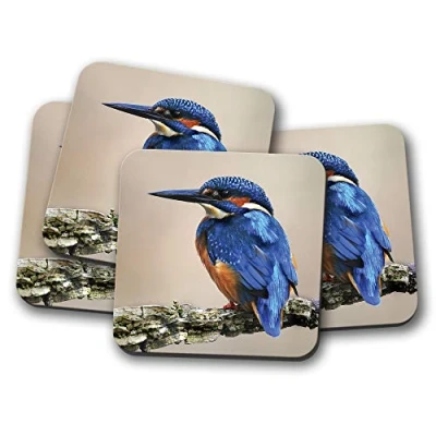 Image of 4 Set Blue Kingfisher Coaster Bird Indigo Wildlife Animals #15795
